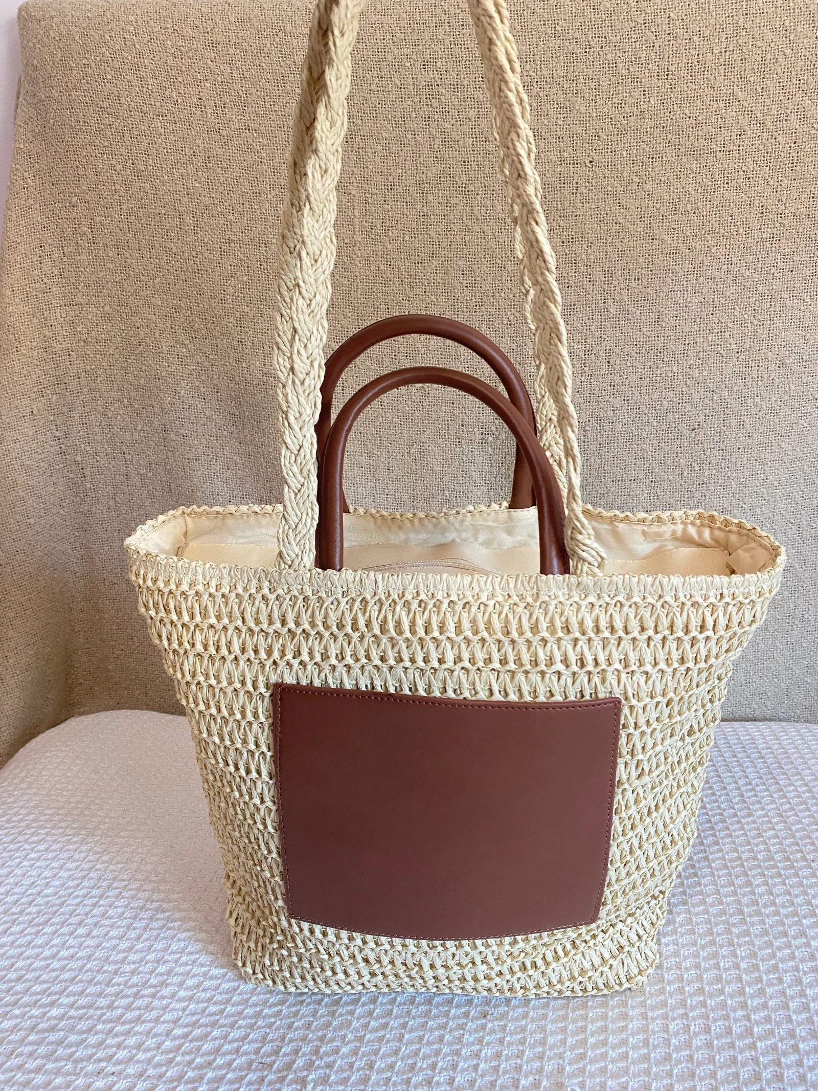 Rotan Tote tas met kunstleren vak en dubbele handvat – photo 2
